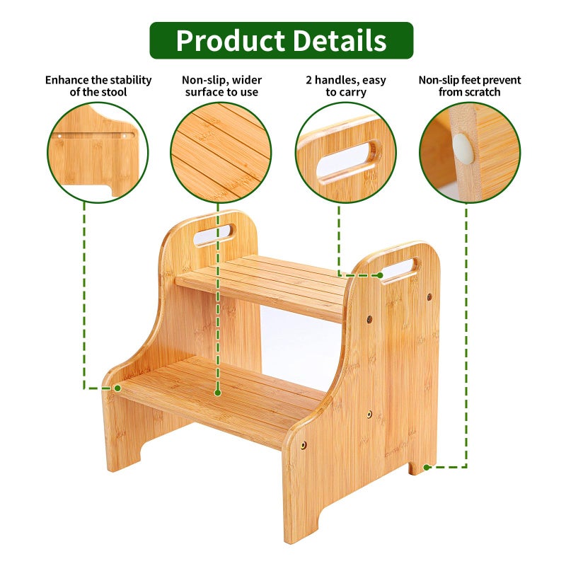 VaeFae Bamboo 2 Step Stool with Non-Slip Step Treads and 2 Cutout Handles - Image 3